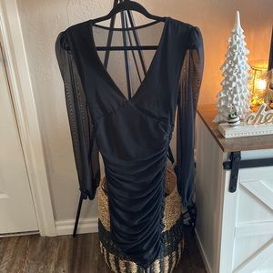 Windsor Black Ruched Mesh Bodycon Dress, Size Small